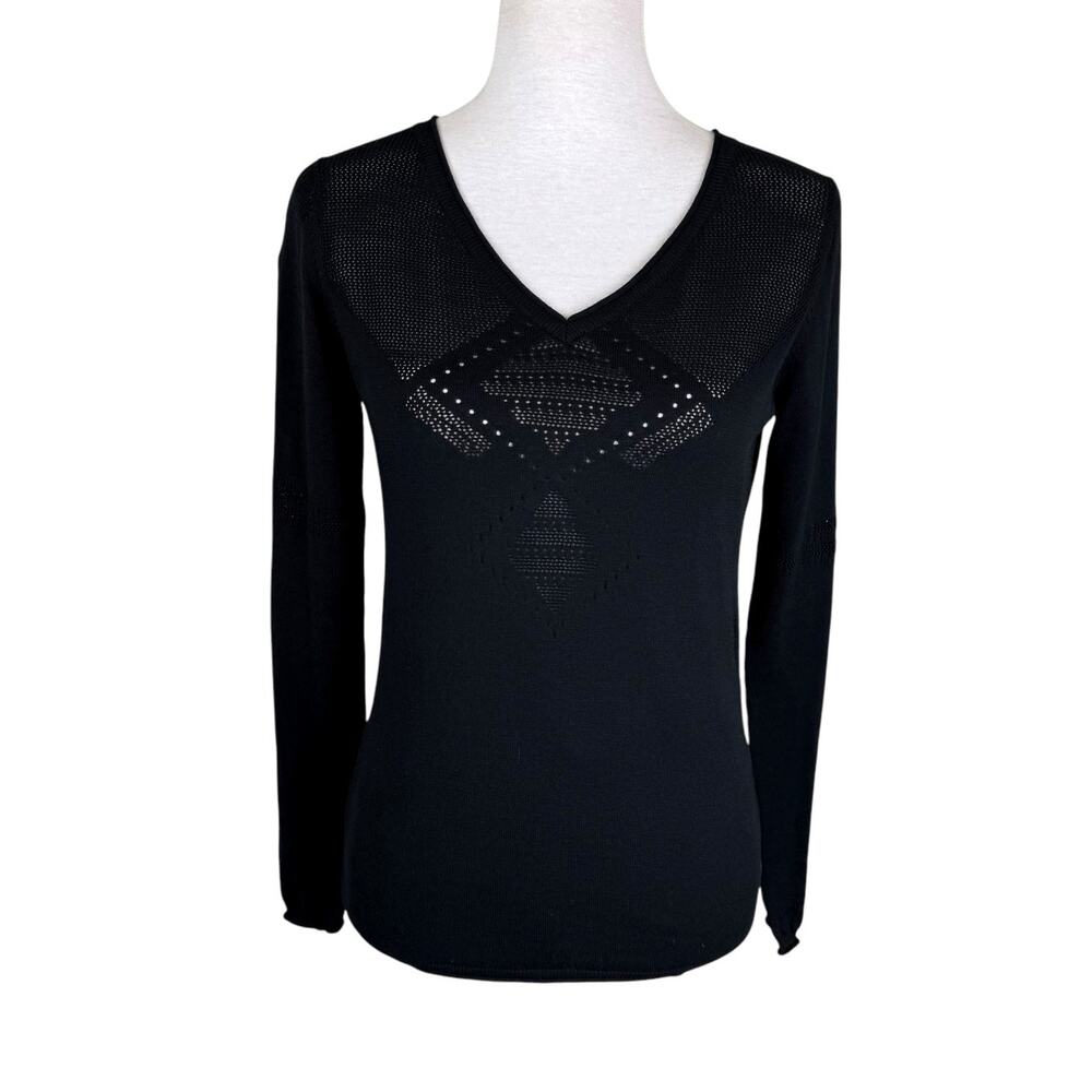 Worth New York Black Long Sleeve 100% Cotton Open Knit Cut Out V-Neck Sweater